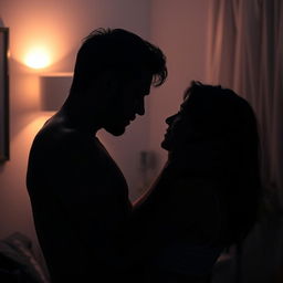 A sensual, intimate adult scene involving two consenting adults in a dimly lit room, emphasizing the connection and chemistry between them