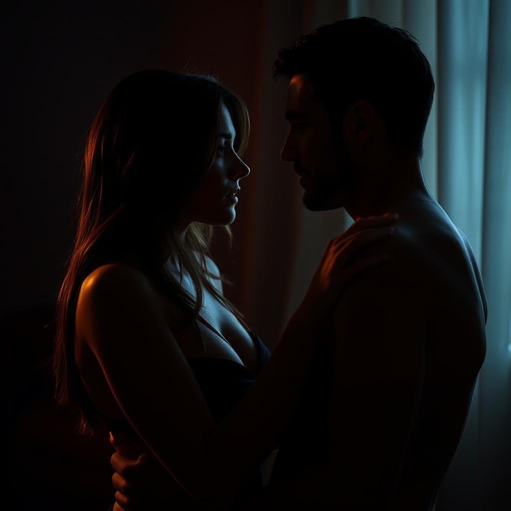 A sensual, intimate adult scene involving two consenting adults in a dimly lit room, emphasizing the connection and chemistry between them