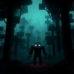 A mysterious and haunting scene in the style of Minecraft featuring Herobrine