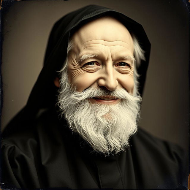 Daguerreotype portrait of a smiling older man with a distinguished beard, dressed in a black monkish habit with a hood