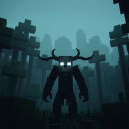 A mysterious and haunting scene in the style of Minecraft featuring Herobrine