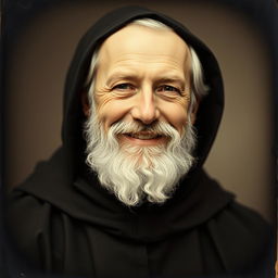 Daguerreotype portrait of a smiling older man with a distinguished beard, dressed in a black monkish habit with a hood