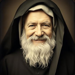 Daguerreotype portrait of a smiling older man with a distinguished beard, dressed in a black monkish habit with a hood