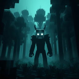 A mysterious and haunting scene in the style of Minecraft featuring Herobrine