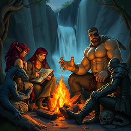 A captivating scene of four distinct Dungeons & Dragons characters gathered around a campfire with a majestic waterfall cascading in the background