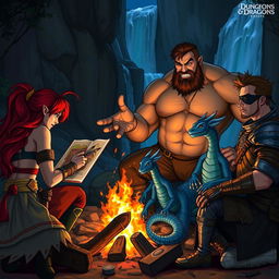 A captivating scene of four distinct Dungeons & Dragons characters gathered around a campfire with a majestic waterfall cascading in the background