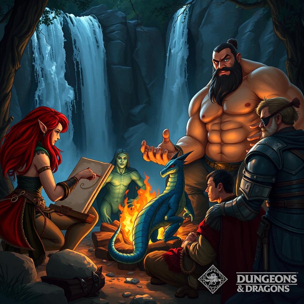 A captivating scene of four distinct Dungeons & Dragons characters gathered around a campfire with a majestic waterfall cascading in the background