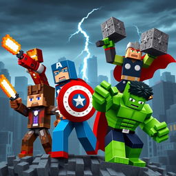 A crossover mashup of Minecraft and Marvel's Avengers featuring blocky, pixelated renditions of popular Avengers characters like Iron Man, Captain America, Thor, and Hulk