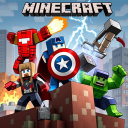 A crossover mashup of Minecraft and Marvel's Avengers featuring blocky, pixelated renditions of popular Avengers characters like Iron Man, Captain America, Thor, and Hulk