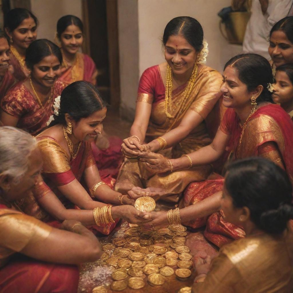 An aasari artist meticulously melting a golden coin, surrounded by a joyful Tamil family immersed in a traditional wedding ceremony, exuding warmth and cultural richness.