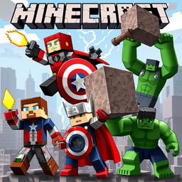 A crossover mashup of Minecraft and Marvel's Avengers featuring blocky, pixelated renditions of popular Avengers characters like Iron Man, Captain America, Thor, and Hulk