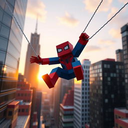 A Minecraft-style Spider-Man swinging between blocky skyscrapers in a vibrant cityscape