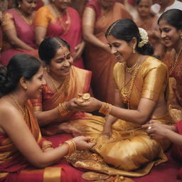 An aasari artist meticulously melting a golden coin, surrounded by a joyful Tamil family immersed in a traditional wedding ceremony, exuding warmth and cultural richness.