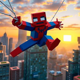 A Minecraft-style Spider-Man swinging between blocky skyscrapers in a vibrant cityscape