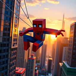 A Minecraft-style Spider-Man swinging between blocky skyscrapers in a vibrant cityscape