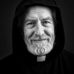 Black and white photographic portrait of a slightly smiling older man with a well-groomed beard, dressed in a black monkish habit with a hood