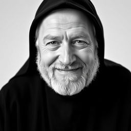 Black and white photographic portrait of a slightly smiling older man with a well-groomed beard, dressed in a black monkish habit with a hood