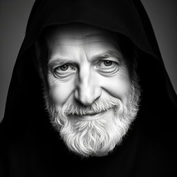 Black and white photographic portrait of a slightly smiling older man with a well-groomed beard, dressed in a black monkish habit with a hood