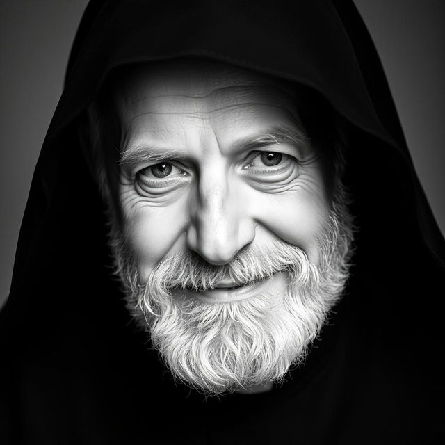 Black and white photographic portrait of a slightly smiling older man with a well-groomed beard, dressed in a black monkish habit with a hood