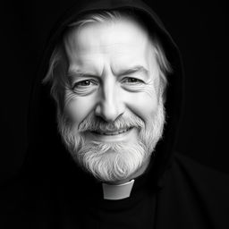 Black and white photographic portrait of a slightly smiling older man with a well-groomed beard, dressed in a black monkish habit with a hood