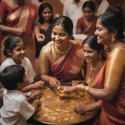 An aasari artist meticulously melting a golden coin, surrounded by a joyful Tamil family immersed in a traditional wedding ceremony, exuding warmth and cultural richness.