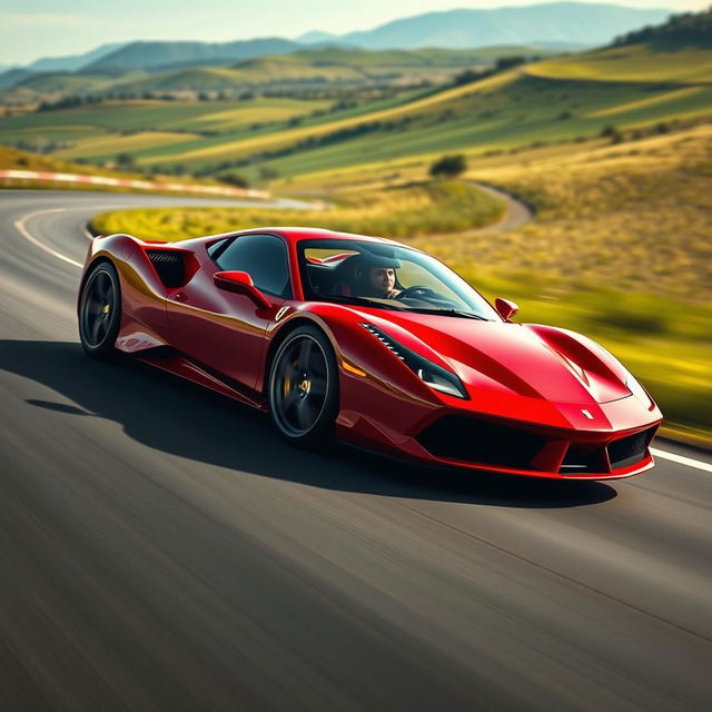 A red Ferrari sports car zooming through the scenic countryside, showcasing its sleek aerodynamic design and shiny exterior under the bright sunlight