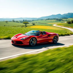 A red Ferrari sports car zooming through the scenic countryside, showcasing its sleek aerodynamic design and shiny exterior under the bright sunlight