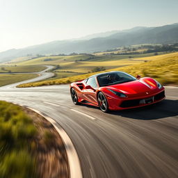 A red Ferrari sports car zooming through the scenic countryside, showcasing its sleek aerodynamic design and shiny exterior under the bright sunlight