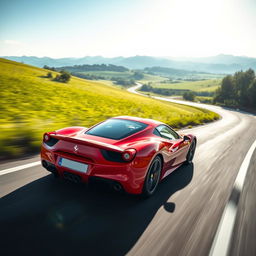 A red Ferrari sports car zooming through the scenic countryside, showcasing its sleek aerodynamic design and shiny exterior under the bright sunlight