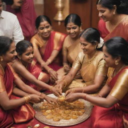 An aasari artist meticulously melting a golden coin, surrounded by a joyful Tamil family immersed in a traditional wedding ceremony, exuding warmth and cultural richness.