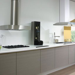 Create a modern kitchen with a stylish chimney, sleek cupboards, a double sink, and an advanced water filter system.