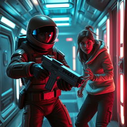 A dramatic scene from the game Among Us, featuring an imposter in a space suit stealthily attacking a crewmate in a sci-fi setting