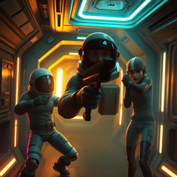 A dramatic scene from the game Among Us, featuring an imposter in a space suit stealthily attacking a crewmate in a sci-fi setting