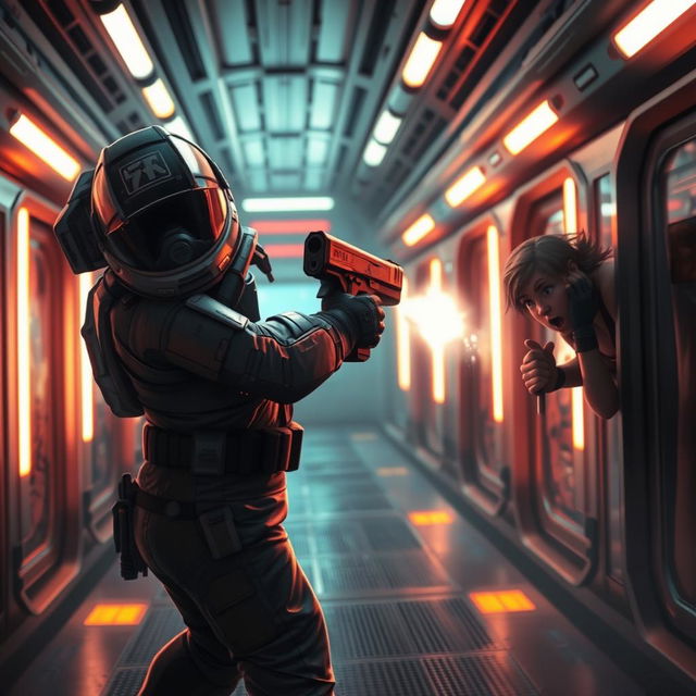 A dramatic scene from the game Among Us, featuring an imposter in a space suit stealthily attacking a crewmate in a sci-fi setting