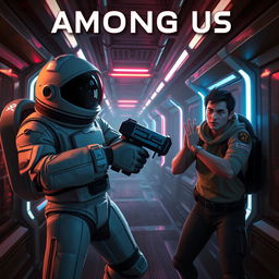 A dramatic scene from the game Among Us, featuring an imposter in a space suit stealthily attacking a crewmate in a sci-fi setting