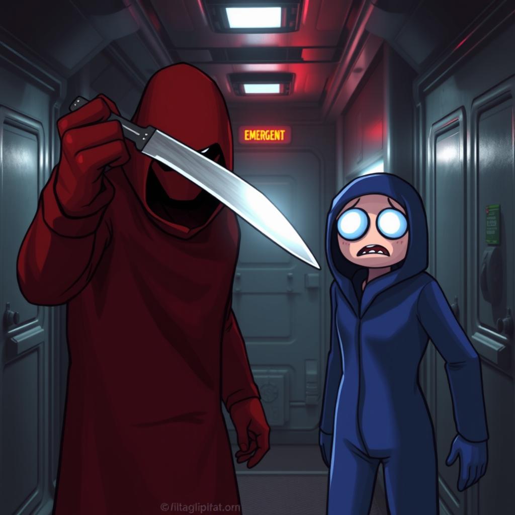 An intense scene from the Among Us game, featuring an Imposter character holding a knife, poised to eliminate a crewmate
