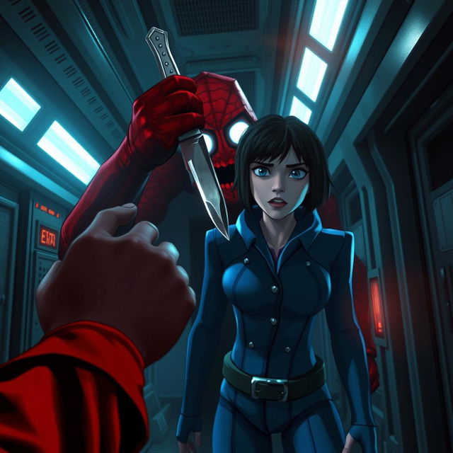 An intense scene from the Among Us game, featuring an Imposter character holding a knife, poised to eliminate a crewmate