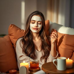 A young white brunette woman engaging in self-care in a peaceful setting