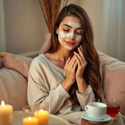 A young white brunette woman engaging in self-care in a peaceful setting