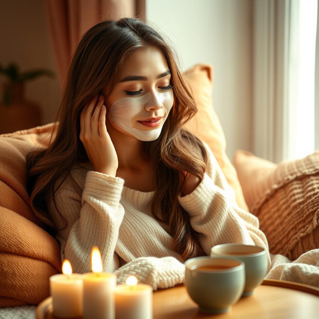 A young white brunette woman engaging in self-care in a peaceful setting