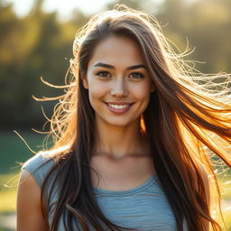 A young white brunette woman, her expression exuding newfound confidence and empowerment as she regains her strength