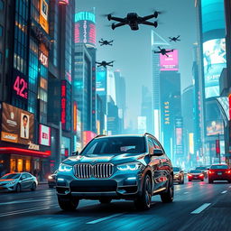 A 2024 BMW X5 model driving through a vibrant and futuristic cityscape