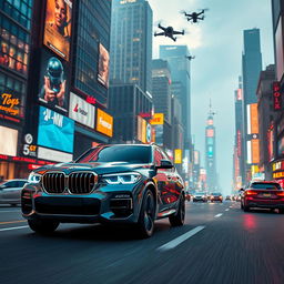 A 2024 BMW X5 model driving through a vibrant and futuristic cityscape