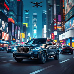 A 2024 BMW X5 model driving through a vibrant and futuristic cityscape