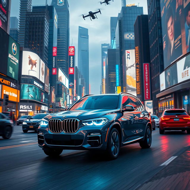 A 2024 BMW X5 model driving through a vibrant and futuristic cityscape