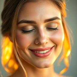 A beautiful woman with a serene and blissful expression, her face softly illuminated by warm, golden light