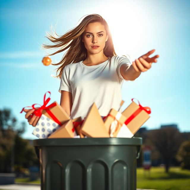 A young white brunette woman stands with a determined expression as she confidently throws gifts from her ex into a large bin