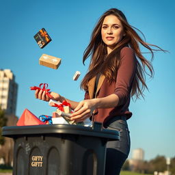 A young white brunette woman stands with a determined expression as she confidently throws gifts from her ex into a large bin