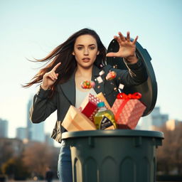 A young white brunette woman stands with a determined expression as she confidently throws gifts from her ex into a large bin