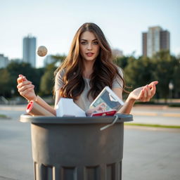 A young white brunette woman stands with a determined expression as she confidently throws gifts from her ex into a large bin